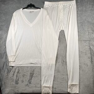 Vtg WinterSilks Base Layer Set Mens Sz XL Ivory 100% Silk Pants Top V-Neck L/S
